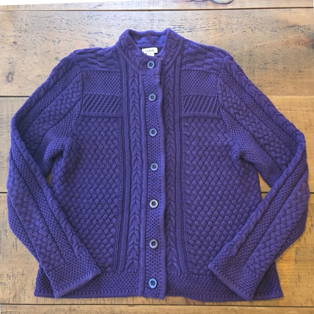 LL Bean Womens Purple 100% Cotton Cable Knit Button Front Cardigan Sweater SP